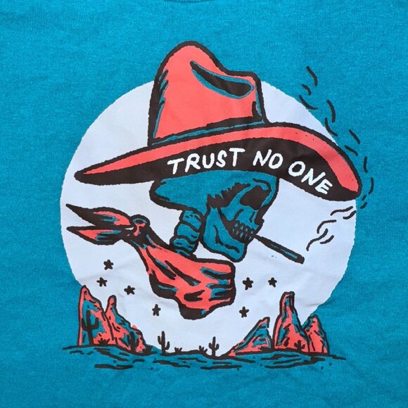 Trust No One Western Skeleton Smoking Cowboy Turquoise Blue Tshirt - Small - Picture 2 of 4